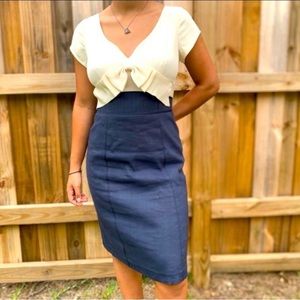 REBECCA TAYLOR silk dress, size 2.  Two tone, ivory top & bow, navy blue bottom.